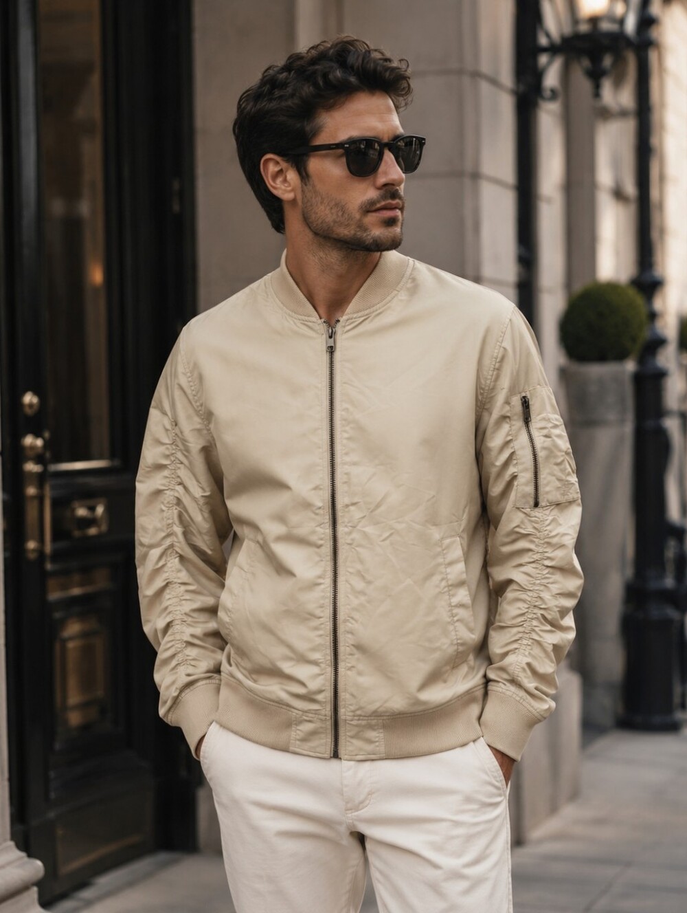 Elwood Men’s Beige Lightweight Bomber Jacket Size L Ruched Sleeve